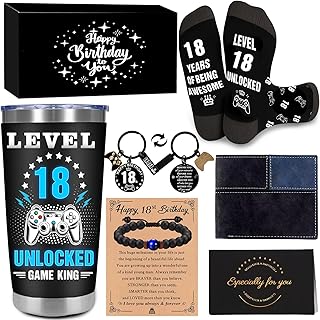 Cool Gifts for 18 Year Old Boy, 18th Birthday Gifts for Boys, Game Theme Gift for 18th Teenager Son Nephew Grandson Brother, Happy 18th Birthday Decorations with 20 Oz Tumbler Keychain Bracelets Card