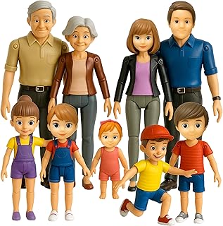 Dollhouse People, Bendable Dollhouse Family Set – 9 Poseable Figures Including Grandpa, Grandma, Mom, Dad, Sister, Brother, Cousins, and a Baby Girl – Perfect for Dollhouse Play and Imaginative Fun