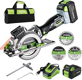WORKPRO 20V Cordless Mini Circular Saw, 4-1/2" Compact Wireless Circular Saw 4.0Ah Battery, Fast Charger, 3 Blades, 4500RPM, Laser Guide, Max Cutting Depth 1-11/16"(90°), 1-1/8"(45°)