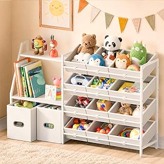 CODACE Kids Toy Storage Organizer - Toy Storage Shelf for Toddlers with 12 Removable Fabric Bins & 2 Boxes & 2-Tier Bookshelves, Organization for Playroom & Bedroom & Nursery, Anti-Tip Design, White