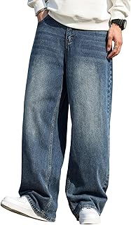 Men's Baggy Hip Hop Jeans Wide Leg Skater Denim Pants Casual Loose Fit Long Trousers Streetwear