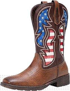 Cowboy Boots for Men Western Boot Side Zipper American Flag Retro Square Toe Mid-Calf Mens Boots