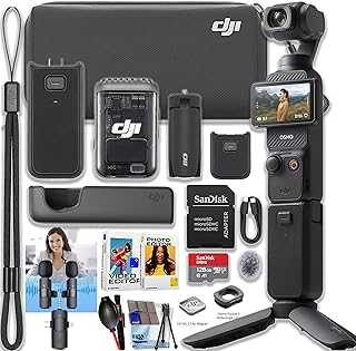 Osmo Pocket 3 Creator Combo Bundle with Clip-On Transmitter/Recorder, Wide Angle Lens, Battery Handle, Mini Tripod, Carrying Bag + 3 in 1 Mic, 128GB Ultra Micro SD Card, Cleaning Kit