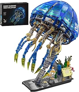 Bionic Glowing Mechanical Jellyfish Building Set, 1146PCS Steampunk Jellyfish Model with LED Light, Mechanical Gear Joints, Detailed Coral Base, Sci-Fi Jellyfish Display Kit for Adults.