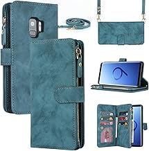 iCoverCase for Samsung Galaxy S9 Wallet Case with Card Holder for Women, Crossbody Lanyard Strap Kickstand PU Leather Case with Zipper Pocket Credit Card Slots Cover (Blue)