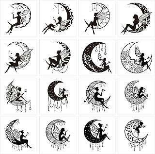 16 Sheets Moon Fairy Temporary Tattoos, Black Boho Crescent Angel Silhouette Stickers, Waterproof Body Art for Women Party Cosplay