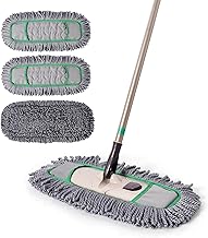 Pro Dust Mop for Floor Cleaning | Dry Mop with 3 Reusable Microfiber Pads, Pet Hair Removal, Spill Absorption | One-Click Replacement, Telescopic Handle for Home and Commercial Use, Grey+Green