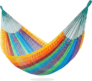 PNAEUT Handwoven Mayan Hammocks for Outside, Handwoven Thick Soft Rope Double Hammocks for Outdoor Indoor, Max 600 lbs Capacity, Tree Straps, Carabiners & Carrying Bag Included (Tropical, X-Large)