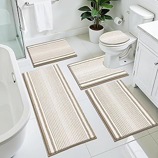 HEBE Chenille Bathroom Rugs Sets 5 Piece,Super Absorbent Non Slip Bath Mats for Bathroom,Washable Bath Mat and U-Shaped Contour Toilet Rug Set for Tub Shower Floor Carpet
