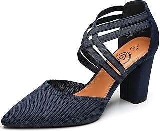 Women's Pumps Chunky Closed Pointed Toe Block Heels for Women Dress Shoes Elastic Crisscross Strappy 3.15 Inch Comfortable for Wedding Bridal