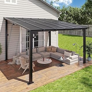 Aoxun 12'x 10' Premium Gazebo with Aluminum Top Frame & Polycarbonate Panel, Wall Mounted Gazebos Pergola, Outdoor Patio Lean to Gazebo, Awnings with Sloped Roof, for Backyard, Porch, Deck
