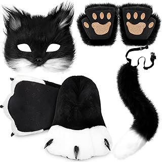 6 Pcs Faux Fur Fox Costume Women Adult Wolf Mask Tail Fluffy Paw Gloves Slipper Cosplay Gift for Back to School