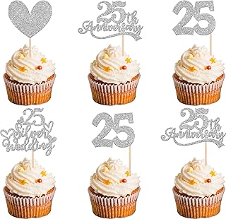 24 PCS 25th Anniversary Cupcake Toppers Glitter Heart 25 Silver Wedding Anniversary Cupcake Picks Cheers to 25 Years Cake Decorations for Happy 25th Wedding Anniversary Party Supplies