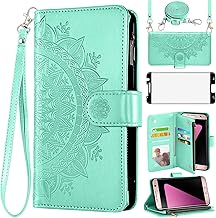 Asuwish Phone Case for Samsung Galaxy S7 Edge Wallet Cell Cover with Screen Protector Lanyard Wrist Strap Mandala Flower Flip Zipper Card Holder Slot Stand S7edge S 7 GS7 7s 7edge Women Girls Green