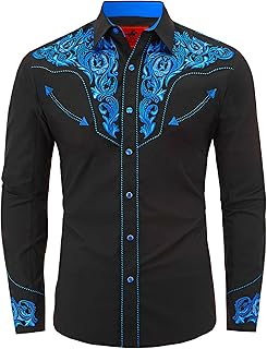 Men's Western Cowboy Shirt Embroidered Long Sleeve Casual Button Down Shirt