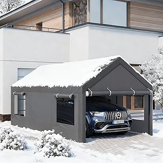 JAMFLY 12x20 ft Carport, Heavy Duty Carport with Roll-up Windows, Grey