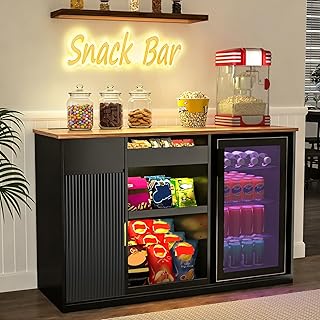 GDLF Snack Bar Cabinet with Fridge Space, Snack Organizer with Storage and Candy Display Shelf, Coffee Station for Home Theater or Game Room, 51.2" L，Black