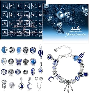 24PCS Advent Calendar 2025 for Women, Christmas Countdown Jewelry Kit - Includes 22 Pendant Beads Jewelry, 1 Necklace, 1 Bracelet, Silver Blue