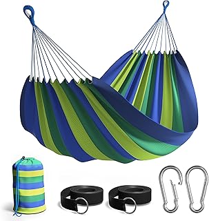 Sorbus Brazilian Double Hammock - Extra-Long 2 Person Portable Hammock Bed for Indoor or Outdoor Spaces - Hanging Rope, Carrying Pouch Included (Blue/Green Stripes)