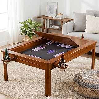 Solid Wood Board Game Coffee Table with Removable Top, 3-in-1 Gaming and Dining Table Includes Play Mat & Detachable Cup Holders, 48" L x 33" W (Cherry)