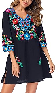 Women Embroidered Mexican V Neck Floral Dress Long Sleeve Floral Traditional Bohemian Dress