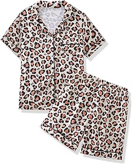 Mikrdoo Girls Pajamas 2 Piece Summer Soft Silk Satin Short Sleeve Pajama Set Cute Pjs Sleepwear for Kids Size 6-16 Years