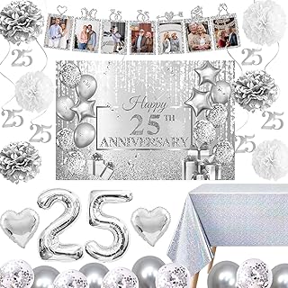 Hombae 25th Anniversary Decorations, Silver 25th Wedding Anniversary Party Decorations, 25 Year Anniversary Decor, Happy 25th Anniversary Backdrop Tablecloth Balloon Banner Hanging Swirls Pom Poms