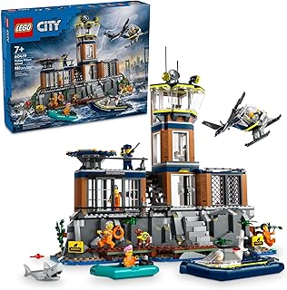 City Police Prison Island Building Set, Birthday Gift for Boys and Girls Ages 7 Plus, Imaginative Play, Helicopter Toy, Boat Toy and Dinghy, 7 Minifigures with Dog and Shark, 60419