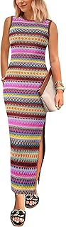 Womens Maxi Tank Spring Dress Sleeveless Crew Neck Striped Side Slit Casual Long Bodycon Dresses