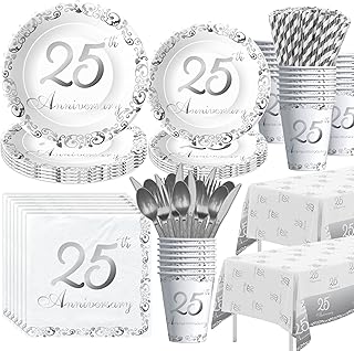 APOWBLS 25th Anniversary Decorations Tableware - Silver 25th Wedding Anniversary Party Supplies, Paper Plate, Cup, Napkin, Tablecloth, Cutlery, Straw, Serves 24