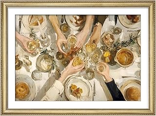 MUDECOR Premium Framed Wall Art Dinner Celebration Gathering Table Impressionist Illustrations Impressionism Scenic Colorful for Living Room, Bedroom, Office - 26"" x36 Gold