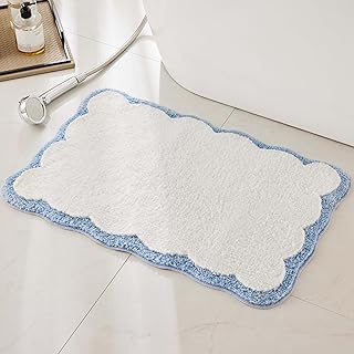 Luxury Microfiber Bathroom Rugs, White Bath Rug with Blue Scalloped Piping Cute Aesthetic Preppy Bath Mat for Bathroom, Tub, Floor Carpet, Sink, Shower, Anti Slip, Absorbent, 32x20