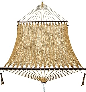PNAEUT 2 Person Caribbean Rope Hammocks for Outside, 12ft Handwoven Polyester Double Hammock with Spreader Bar for Outdoor Indoor, Max 600 lbs Capacity (Tan)
