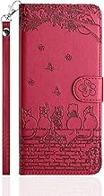 Flip Case for Samsung Galaxy A20e/A10e,Cat/Flower/Butterfly Embossed PU Leather Wallet Phone Folio Case Magnetic Protective Cover with Stand Function and Card Slots,Mauve/Red