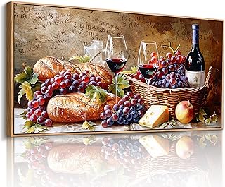 imjiayu Large Framed Wall Art, Kitchen Wall Art, Rustic Wall Decor, Vintage Food Wine Painting Prints, Fruit Harvest Pictures for Living Room Dining Room Pub Home Bar Farmhouse Decorations 20"x40"