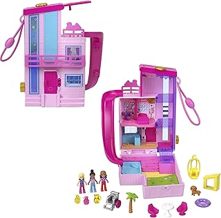Polly Pocket Barbie Dreamhouse Compact, Dollhouse Playset with 3 Micro Dolls, 1 Puppy, 11 Accessories, Elevator & Pool