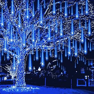 Weepong Meteor Shower Lights Outdoor Christmas Lights UL Certified Falling Rain Drop Snowfall Icicle Cascading String Light for Xmas Holiday Tree Wedding Party Garden Decor Blue, 12 Inch 8 Tubes