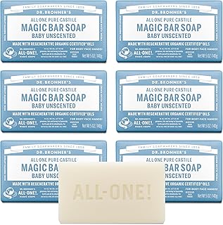 Dr. Bronner's Pure-Castile Magic Bar Soap (Baby Unscented, 5 oz, 6-Pack) - Made with Regenerative Organic Certified Oils, For Face, Body & Hair, Gentle for Sensitive Skin - Vegan, Non-GMO