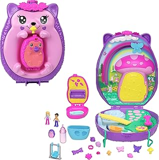 2-in-1 Travel Toy with 2 Micro Dolls and 16 Accessories, Hedgehog Purse Playset with Pet Theme