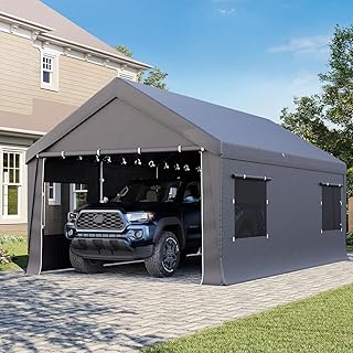 Bezseller 10x20 FT Heavy Duty Carport Canopy with Removable Sidewalls, Portable Garage Tent with Roll-Up Windows & Doors, Car Port with All-Season Tarp for Cars, Trucks, Boats, Gray