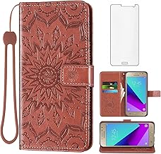 Phone Case for Samsung Galaxy Grand Prime J2 Prime Wallet Cases with Tempered Glass Screen Protector and Leather Flip Cover Card Holder Stand Cell Accessories Glaxay GrandPrime J2Prime Women Men Brown