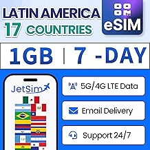 Latin America eSIM 7 Days 1GB High-Speed Data + Unlimited Basic Data for Peru, Brazil, Mexico, Colombia, & More| Instant QR Code Delivery | Travel eSIM for Unlocked iPhones & Adroids
