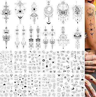 24 Sheets Black Temporary Tattoos,Boho Moon Stars Sun Butterfly Flowers Sacred Geometry Tiny Tattoo Stickers, 300pcs Mini Cute Fake Tattoos For Fingers,Arm,Back,Collarbone,Daily Wear & Festivals