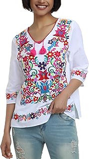 Women's Summer Embroidered Mexican Shirts Short Sleeve Casual Tops Blouse