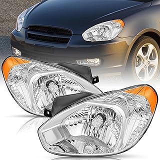 TUSDAR Headlight Assembly Replacement for 2007-2011 Hyundai Accent Driver and Passenger Side (Chrome Housing with Amber Reflector)