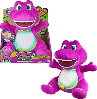 Fisher-Price Barney’s World Toddler Toy Heart Glow Barney Plush with Music & Lights for Pretend Play Preschool Kids Ages 2+ Years