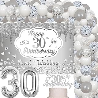 Wedding Anniversary Decorations Pearl White Silver Balloon Garland Kit with Happy Anniversary Backdrop Cake Topper Foil Balloons for Cheers to 30 Years Couple Wedding Anniversary (30th Anniversary)