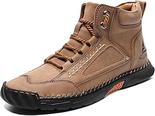 Mens Casual Leather Orthopedic Handmade Boots Fashion Mid Top Walking Driving Shoes Waterproof Arch Support Spacious Toe Box Outdoor Non-Slip Trekking Boot
