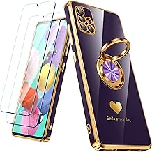 for Samsung Galaxy A51 4G Case with 2 Pack Screen Protector, 360° Rotatable Ring Holder [Luxury Hearts Pattern] Plating Gold Edge Slim Soft Phone Cover Case for Galaxy A51 - Purple