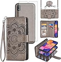 Asuwish Phone Case for Samsung Galaxy A10e Zipper Wallet Magnetic Detachable Cell Cover with Tempered Glass Screen Protector Crossbody Strap Flower Card Holder Slot A 10e 10ae S102DL Women Girls Gray